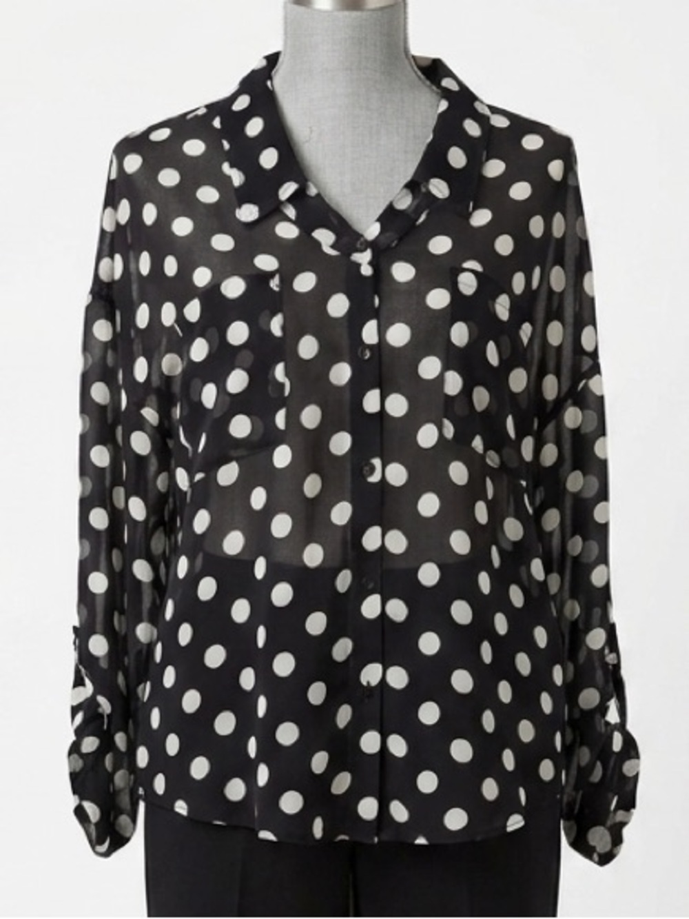 Free People Polka Dot Sheer Button Down Black White S Office Siren Classic Boho